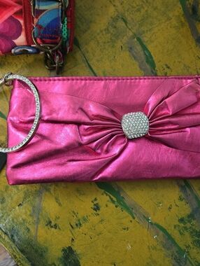 Zara Shiny Hot Pink Bow Wristlet Clutch with Rhinestone Accent